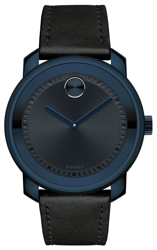 Movado Bold Blue Dial Black Leather Strap Quartz Unisex Watch